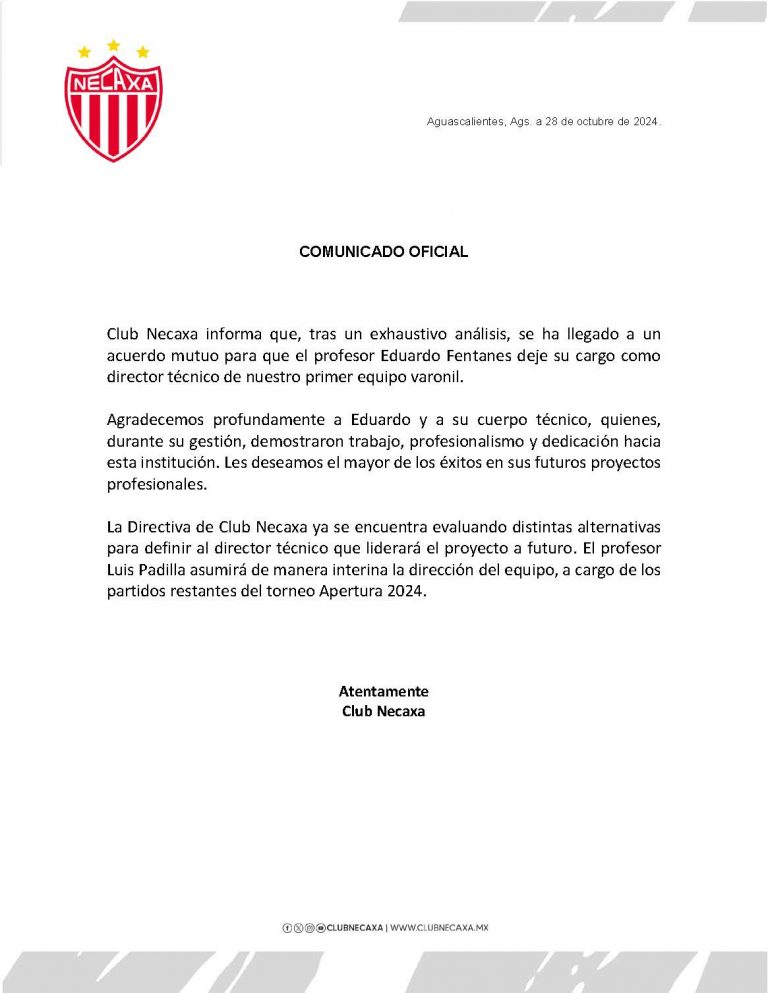 Necaxa busca nuevo DT tras salida de Eduardo Fentanes